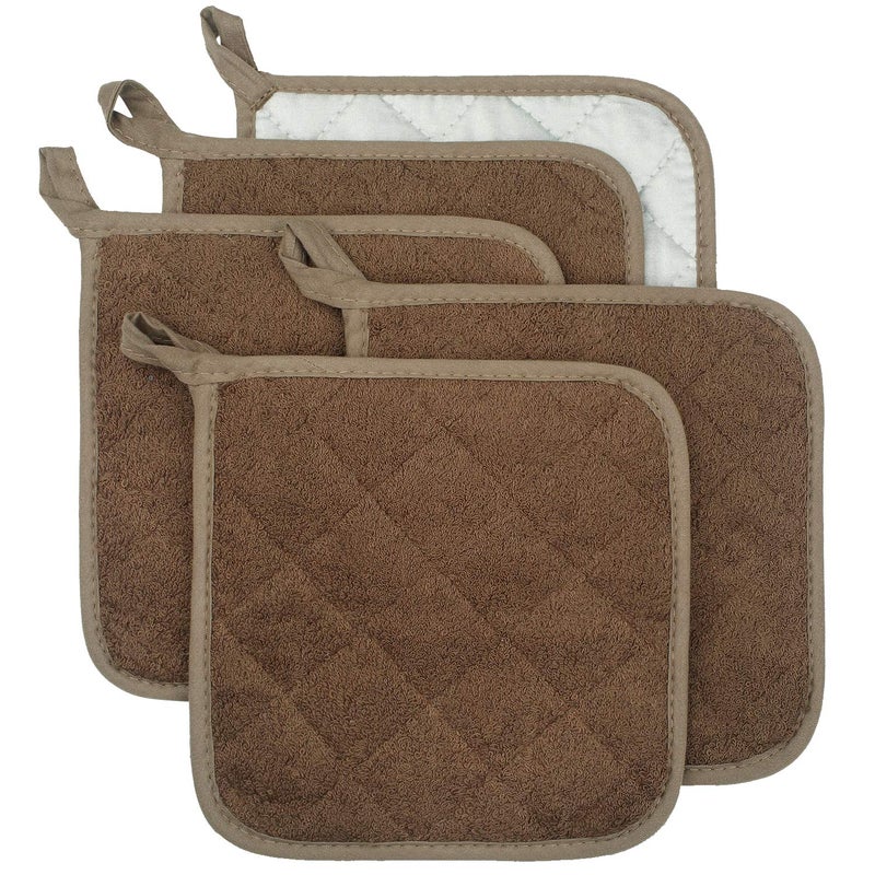 lifaith 100% Cotton Kitchen Everyday Basic Terry Pot Holder Heat Resistant Coaster Potholder for Cooking and Baking Set of 5 Brown - Image 1
